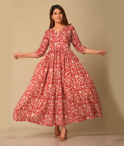 Cotton Kaftan Red Printed