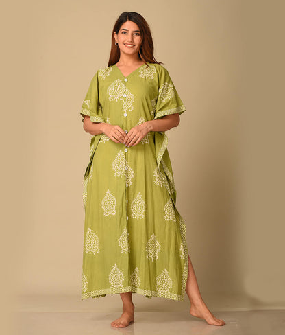 Green Floral Printed Cotton Kaftan
