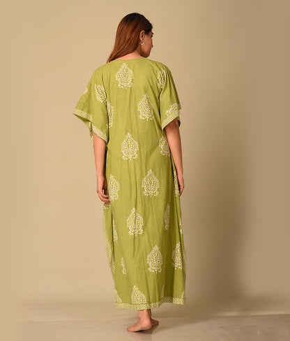 Green Floral Printed Cotton Kaftan