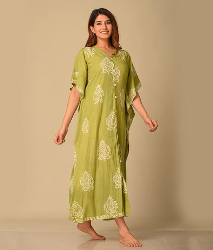Green Floral Printed Cotton Kaftan