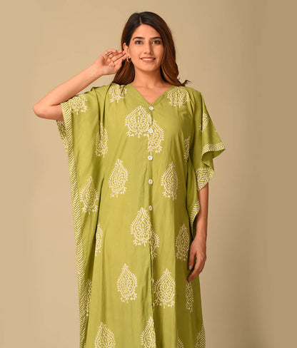 Green Floral Printed Cotton Kaftan