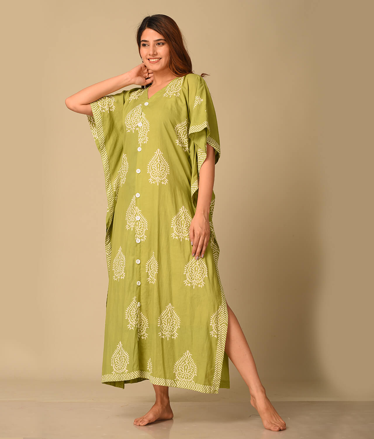 Green Floral Printed Cotton Kaftan