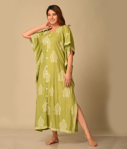 Green Floral Printed Cotton Kaftan