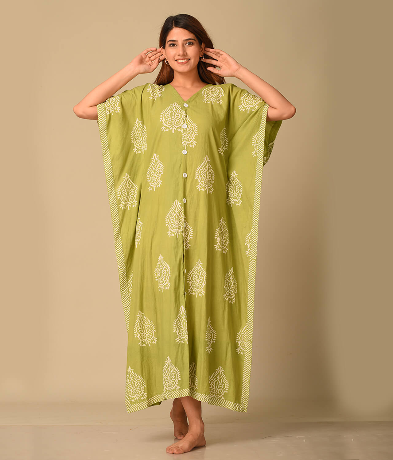 Green Floral Printed Cotton Kaftan