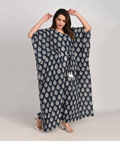 Floral Printed Blue Cotton Kaftan
