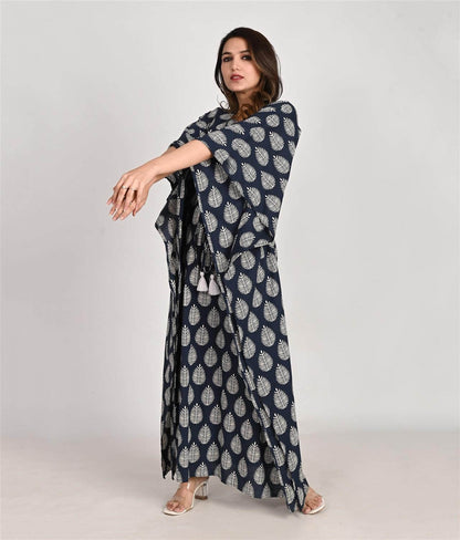 Floral Printed Blue Cotton Kaftan