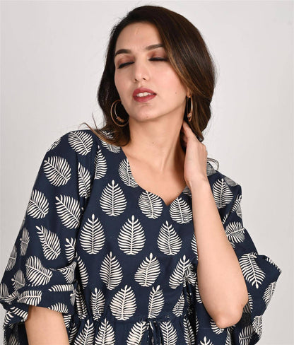 Floral Printed Blue Cotton Kaftan