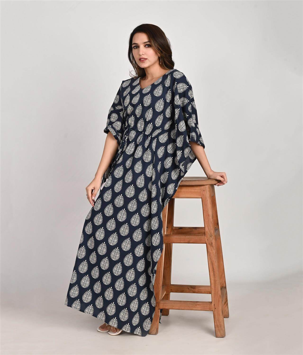 Floral Printed Blue Cotton Kaftan