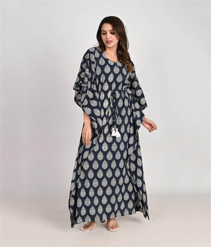 Floral Printed Blue Cotton Kaftan