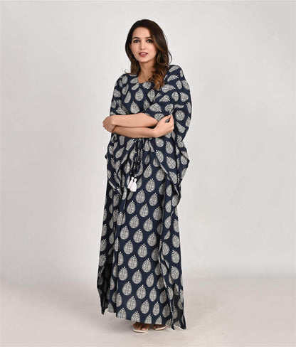 Floral Printed Blue Cotton Kaftan