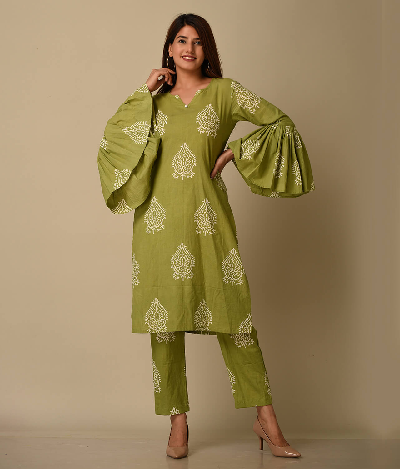 Green Floral Printed Cotton Suit Set