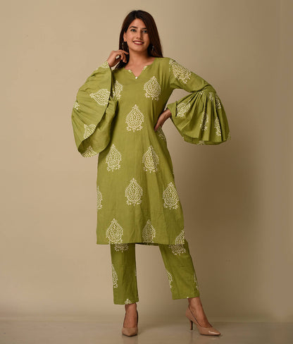 Green Floral Printed Cotton Suit Set