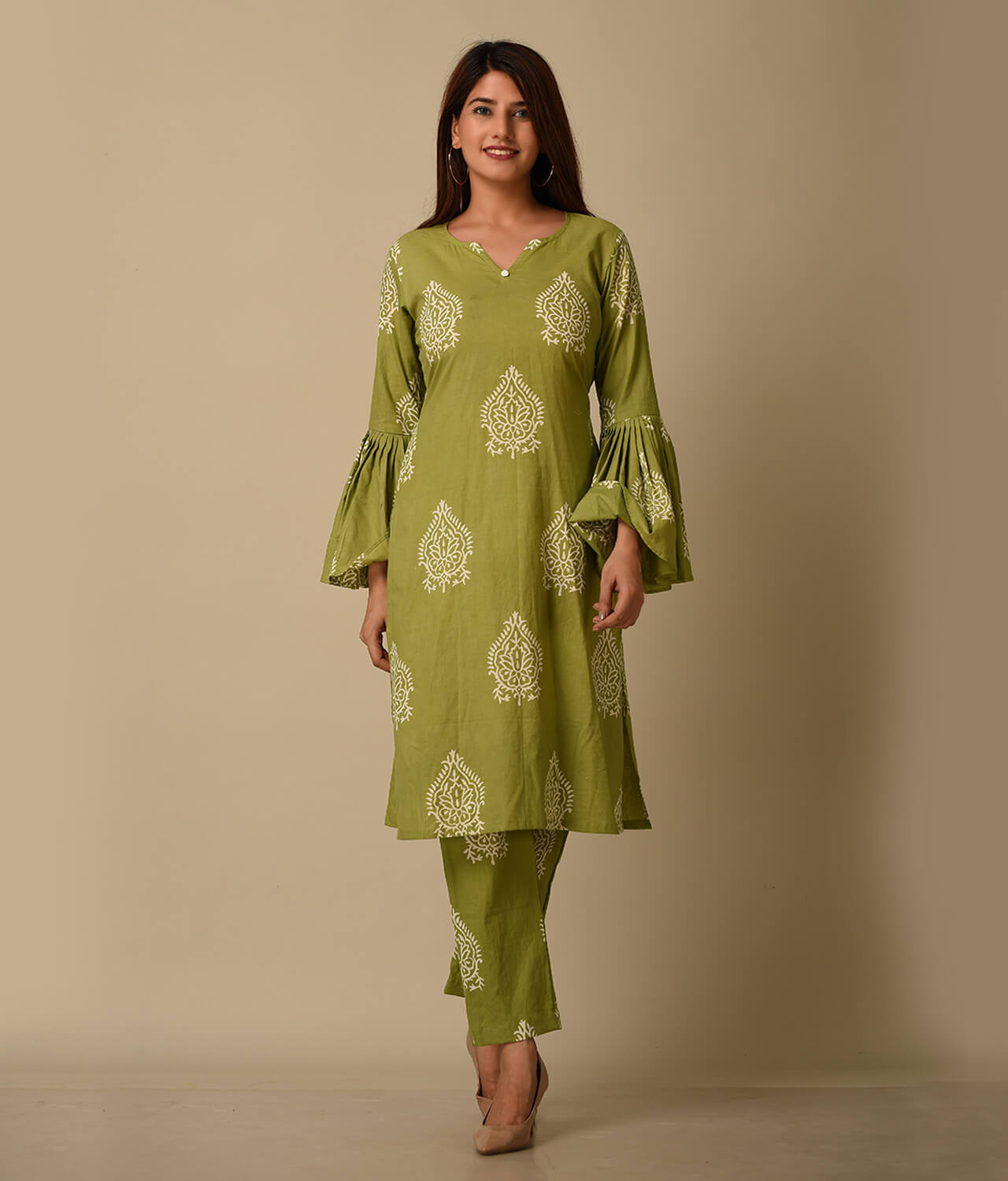 Green Floral Printed Cotton Suit Set