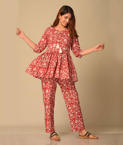 Floral Printed Cotton Red top with Pant Palazzo