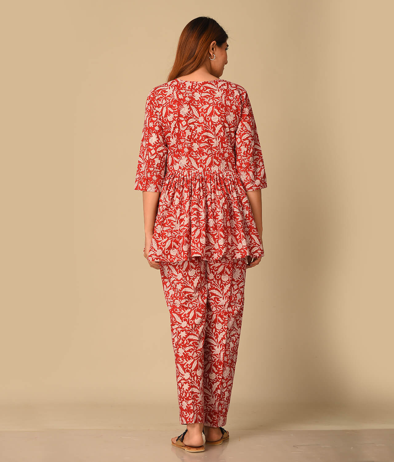 Floral Printed Cotton Red top with Pant Palazzo