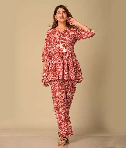 Floral Printed Cotton Red top with Pant Palazzo