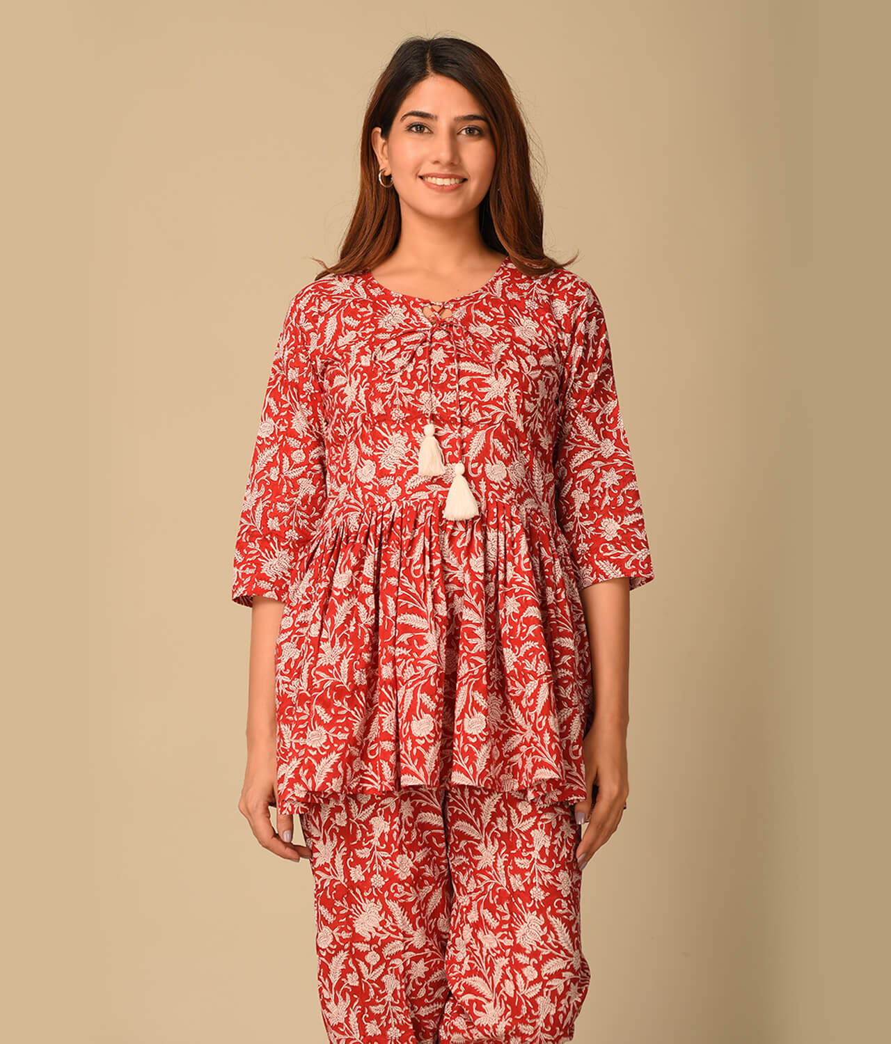 Floral Printed Cotton Red top with Pant Palazzo