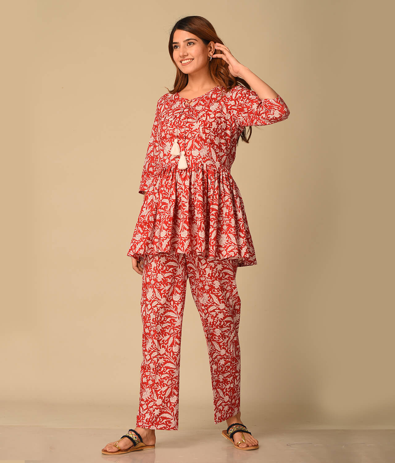Floral Printed Cotton Red top with Pant Palazzo