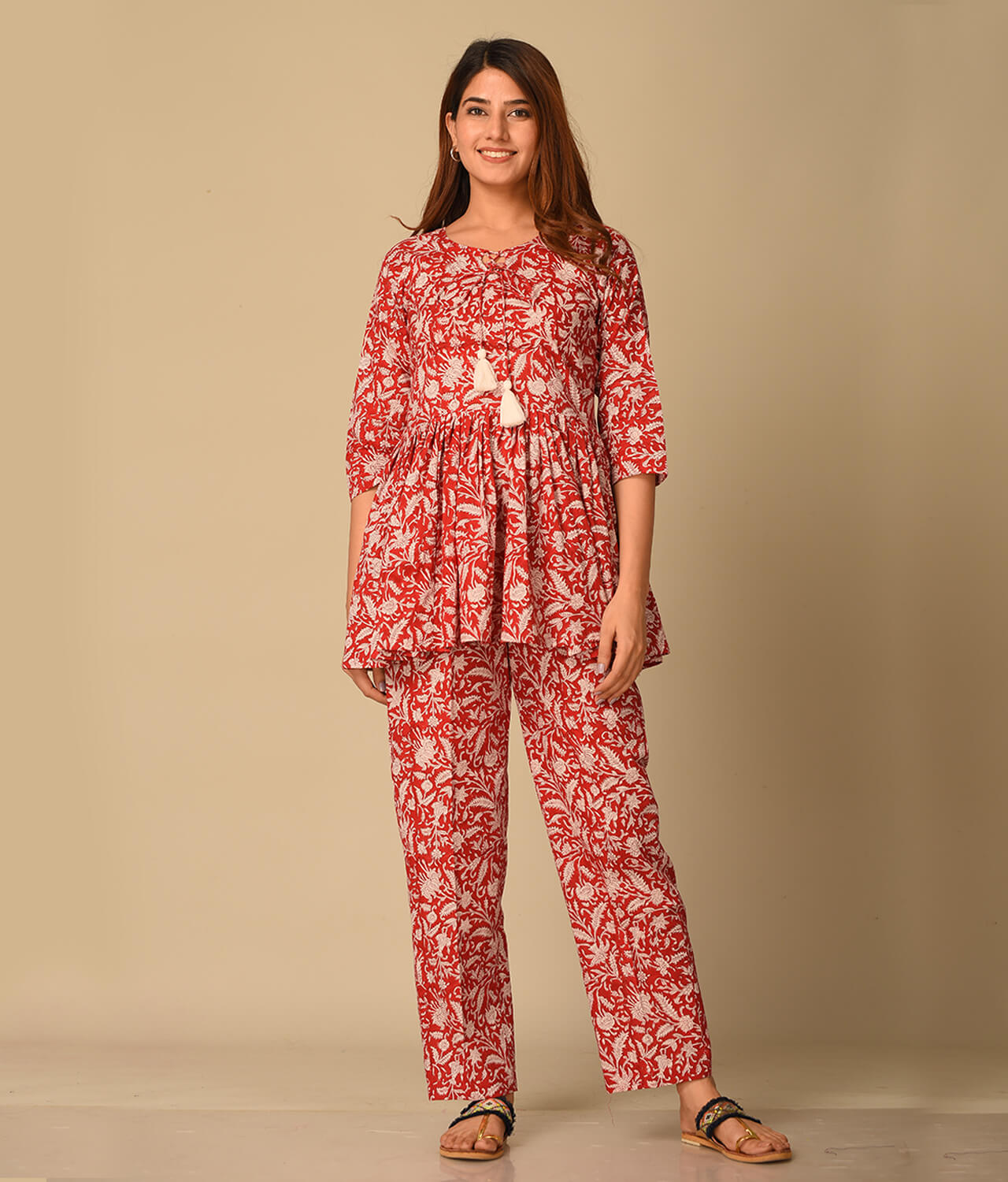 Floral Printed Cotton Red top with Pant Palazzo