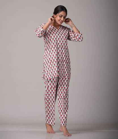 100% Cotton Red top with Pant Palazzo Night Suit Set