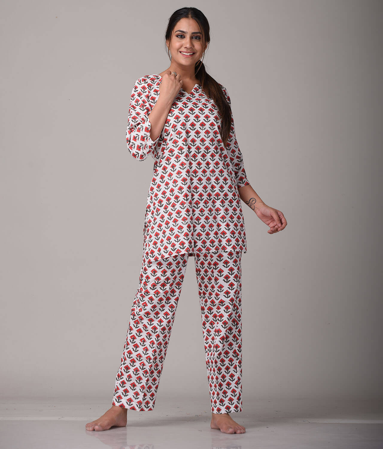 100% Cotton Red top with Pant Palazzo Night Suit Set