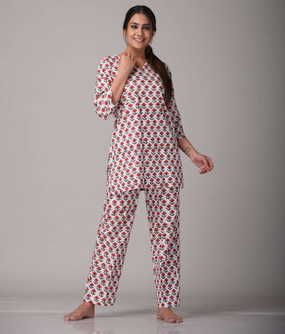 100% Cotton Red top with Pant Palazzo Night Suit Set