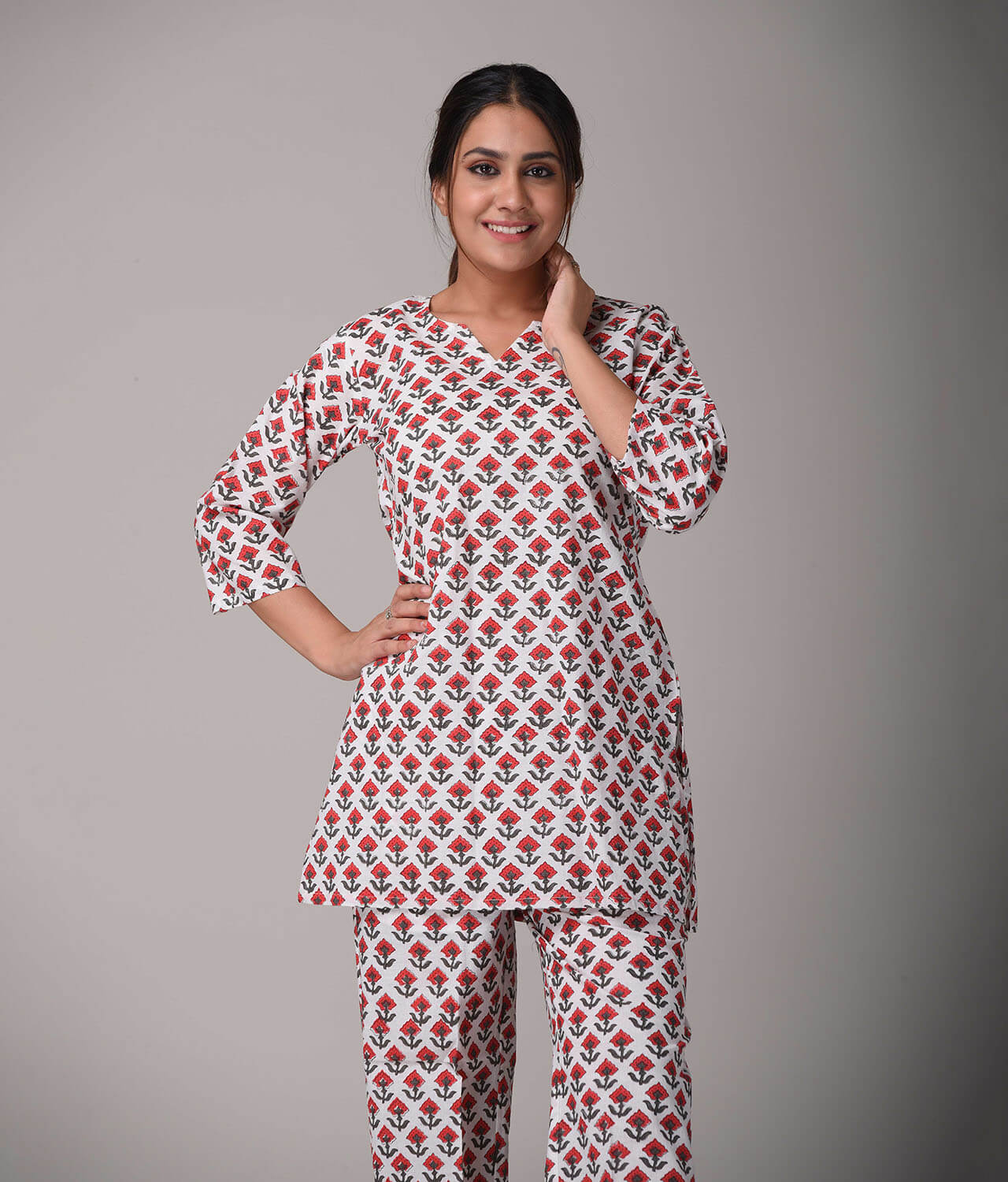 100% Cotton Red top with Pant Palazzo Night Suit Set