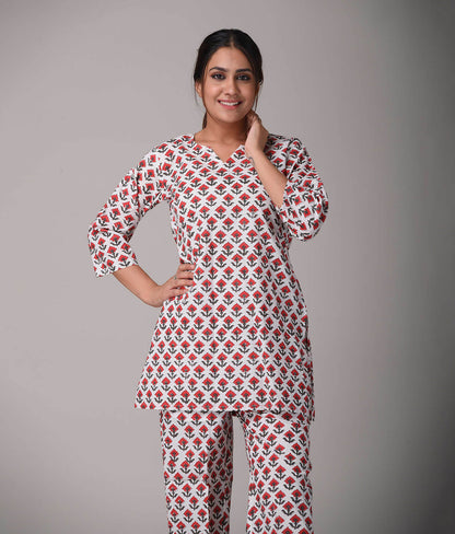 100% Cotton Red top with Pant Palazzo Night Suit Set
