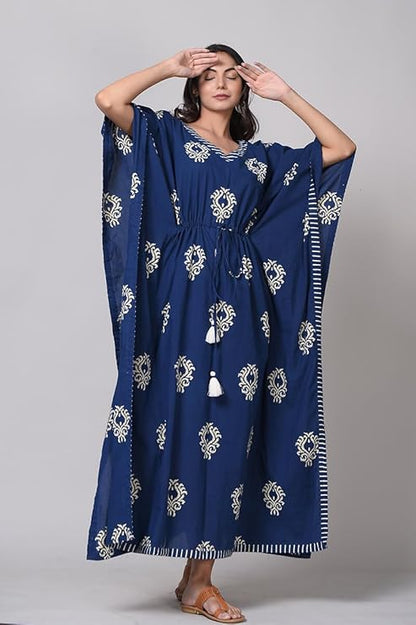 Indigo Blue Jaipuri Print Maternity Cotton Kaftan