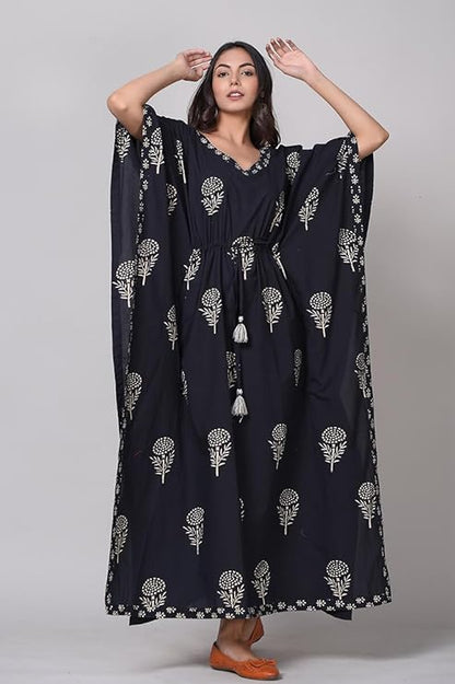 Hand Printed Cotton Kaftan Black Edition