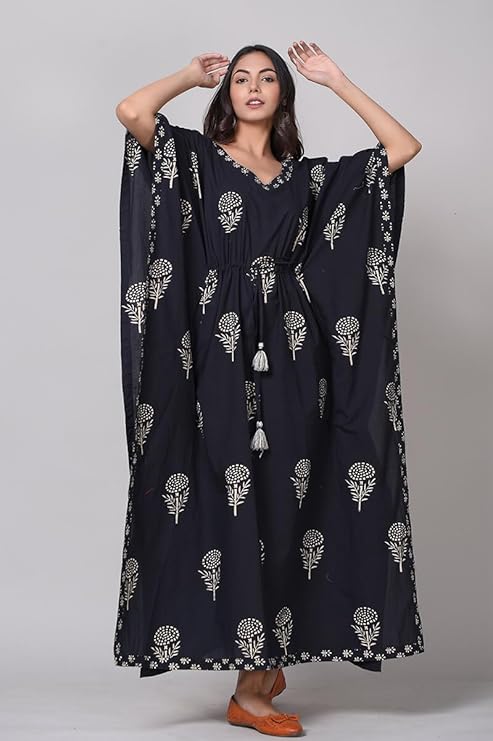 Hand Printed Cotton Kaftan Black Edition