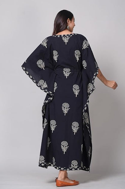 Hand Printed Cotton Kaftan Black Edition