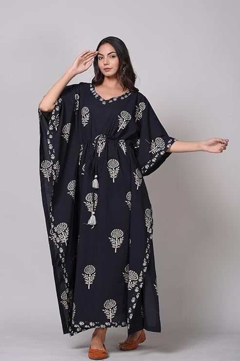 Hand Printed Cotton Kaftan Black Edition