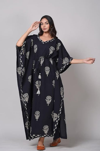 Hand Printed Cotton Kaftan Black Edition
