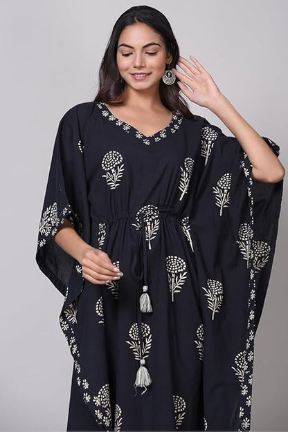 Hand Printed Cotton Kaftan Black Edition